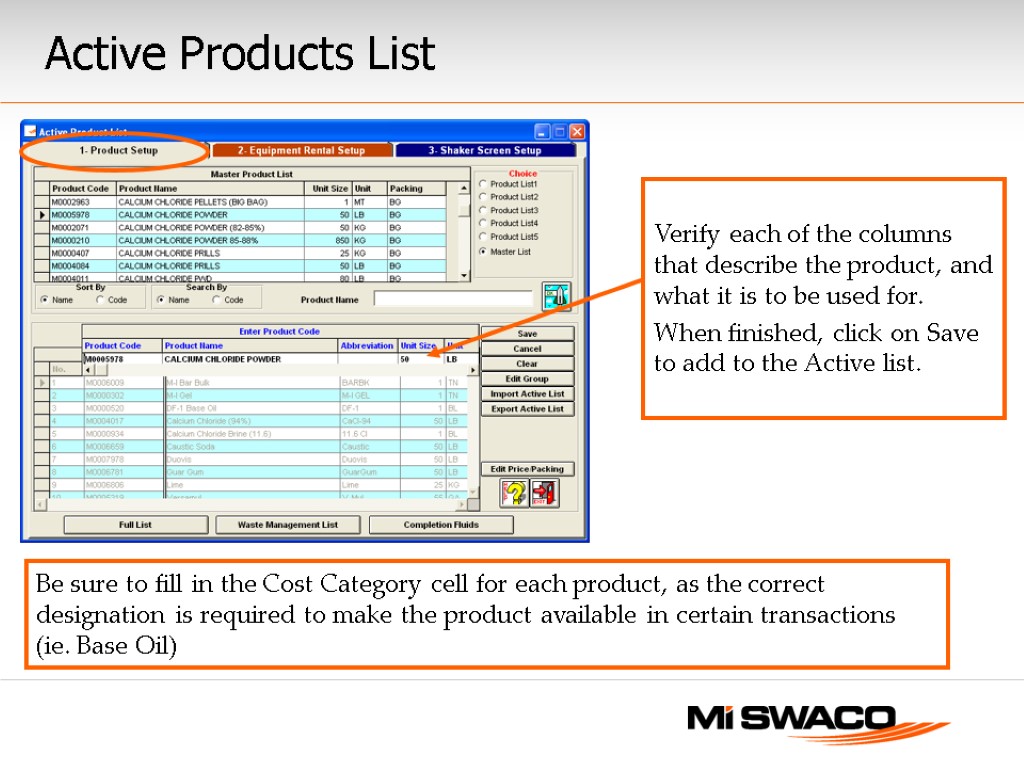 Active Products List Verify each of the columns that describe the product, and what